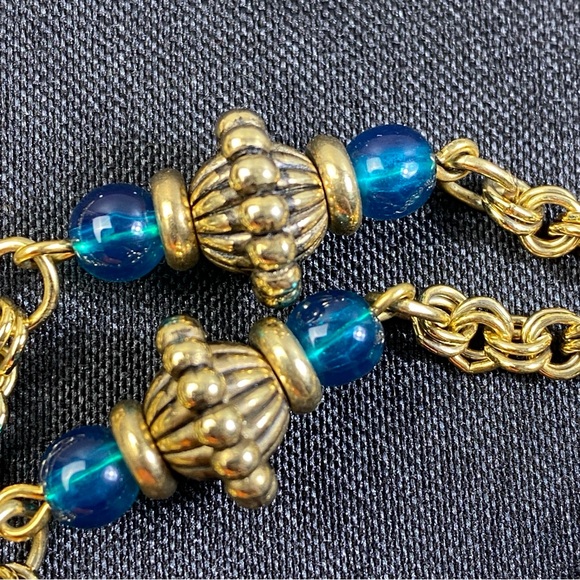 Vintage 1928 Chain Necklace Gold Tone Faux Pearl & Blue Green Cabochons 28" - Picture 9 of 12